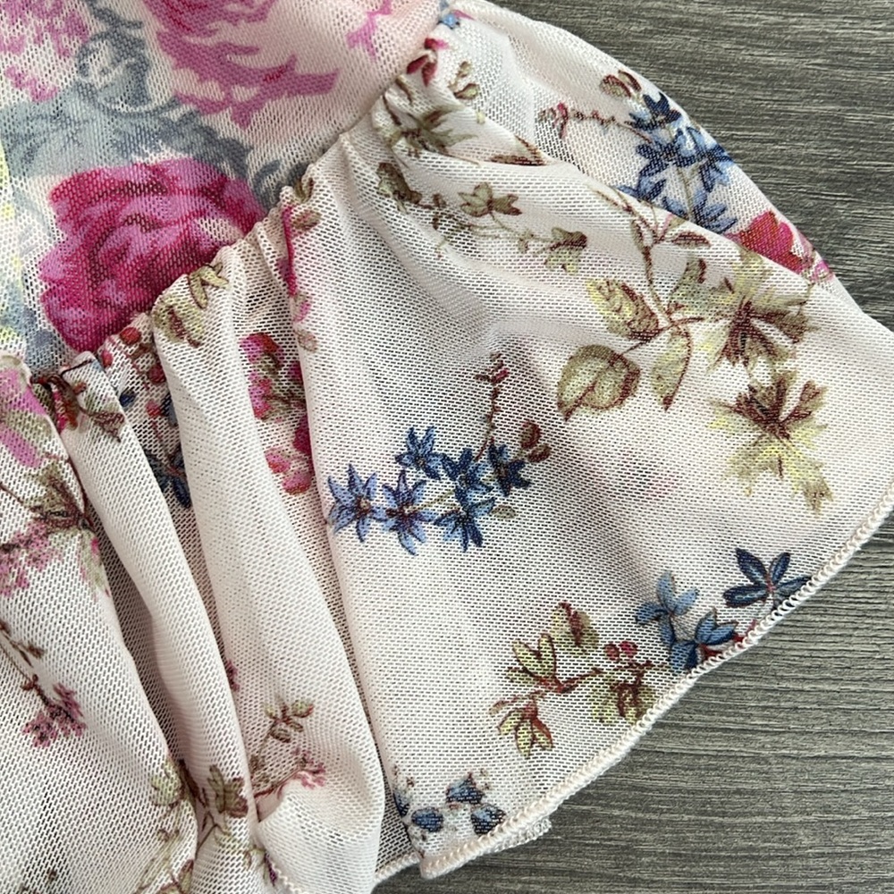 Anthropologie Off the Shoulder Mesh Top Small Pink Floral Ruffle Cottagecore NWT - Picture 9 of 12